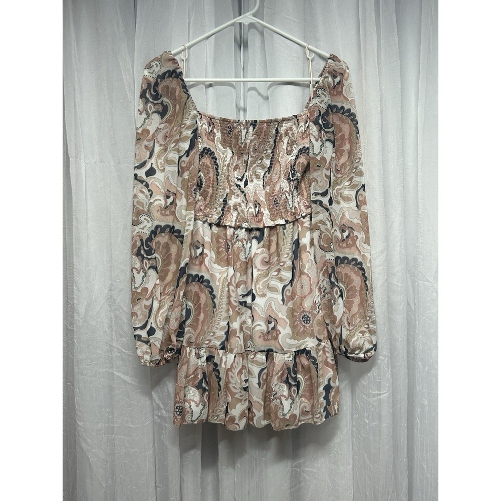 Wilfred Aritzia tempest Floral Smocked Mini Dress Tan Pink Long Sleeve Small